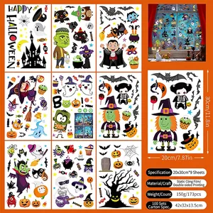 Set of 9 double-sided Halloween static window clings with pumpkins and ghosts