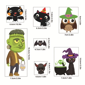 Detailed size specifications for Halloween window clings featuring cartoon Frankenstein and black cats