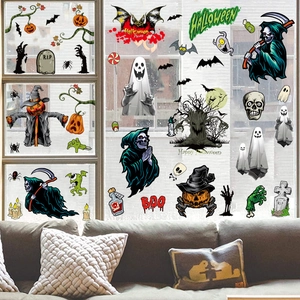 Halloween static window clings featuring ghost pumpkin castle and grim reaper party decor