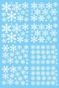 Macro detail of various white snowflake static window decals for Christmas decor