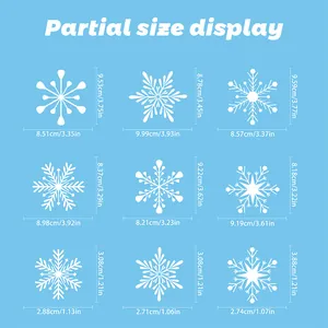 Detailed size chart for Christmas snowflake window stickers in nine unique patterns