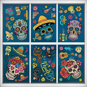 Day Of The Dead Fensteraufkleber Mexikanische Party Deko Doppelseitig Statische PVC Sticker Zucker Totenkopf Blume