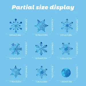 Size guide for Christmas snowflake window stickers showing nine unique cosmic blue designs