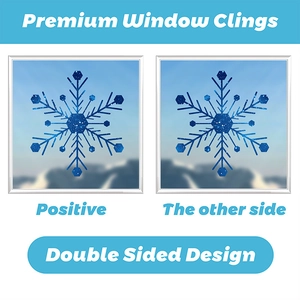 Close-up of double sided blue snowflake window clings with glittering celestial texture