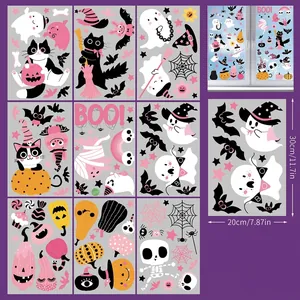 Pink cartoon Halloween window clings set including pumpkins ghosts and bats 9 sheets