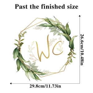 Detail showing dimensions of green leaf wreath sticker with gold geometric frame
