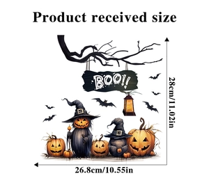 Detailed view of Halloween pumpkin stickers showing dimensions of 28x26.8 cm for wall decor