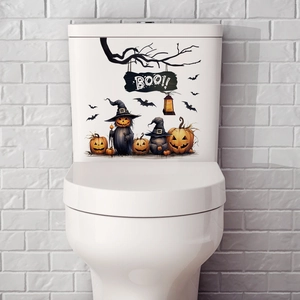Halloween Toilet Stickers Waterproof PVC Decals Bathroom Tank Decoration Cartoon Pumpkin Ghost Jack-O-Lantern Witch Hat Mural