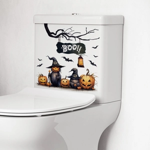 Halloween pumpkin and wizard self-adhesive waterproof toilet wall sticker with BOO text