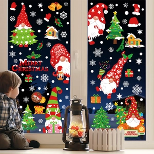 Christmas Window Clings PVC Static Stickers Gnomes Nativity Scene Double Sided Holiday Home Party Decor Cartoon Snowflakes