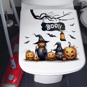Halloween toilet seat decal featuring Jack-o'-lanterns, bats, and Boo sign for home decor