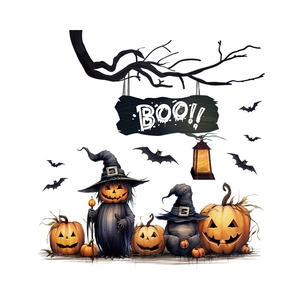 Detail of Halloween stickers featuring pumpkins, witches, bats and a BOO sign on white background