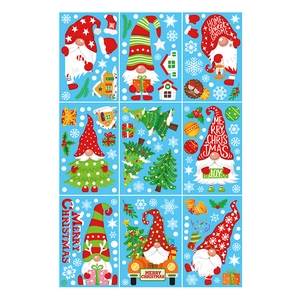 Detail set of 9 Christmas gnome window clings featuring festive red and green holiday patterns