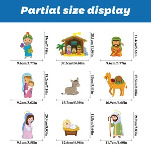 Size guide for Christmas nativity scene wall stickers showing detailed dimensions for 9 pieces