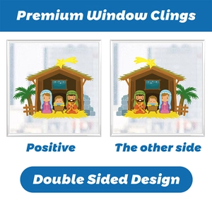 Close-up of premium double sided window clings featuring a cartoon nativity scene design