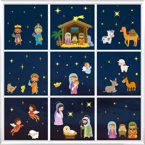 Detailed set of nine cartoon Nativity scene window decals with Joseph, Mary, and Jesus