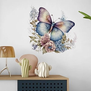 Detailed view of watercolor floral wall sticker with purple butterfly and pink blooms