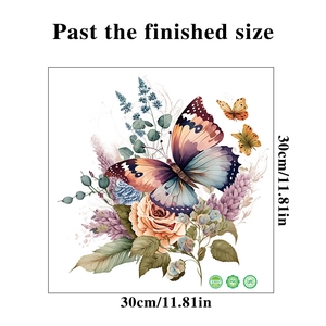 Detailed view of floral butterfly wall stickers with size and material certification info