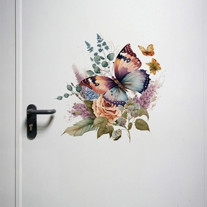 Close-up of vibrant purple butterfly and pink rose floral stickers on a white door