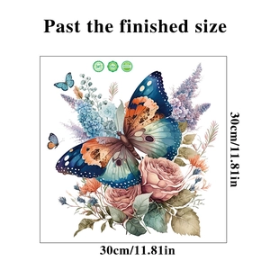 Floral butterfly wall sticker detail showing 30cm square size and watercolor roses