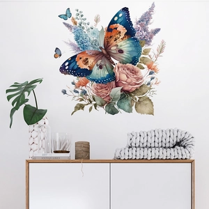 Floral butterfly wall stickers mockup with pink roses on white bedroom wall