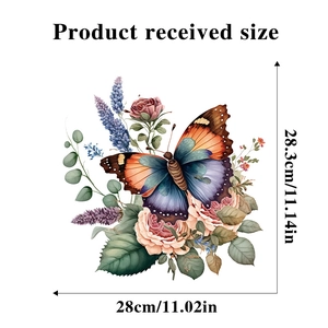 Detailed view of floral butterfly wall sticker showing size 28cm x 28.3cm for bedroom