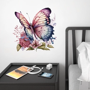 Bedroom wall scene featuring colorful 3D butterfly and pink floral self-adhesive stickers