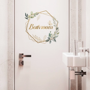 Minimalist green leaf bathroom door sticker with gold geometric frame and butterfly decor