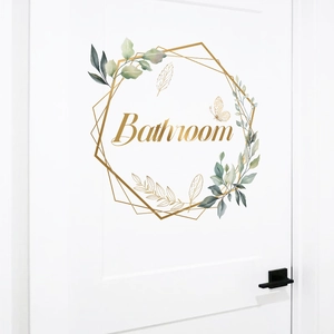 Minimalist green plant glass door sticker with Bathroom sign and golden frame