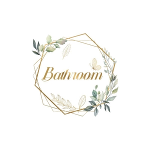 Elegant gold geometric bathroom sticker with watercolor green leaves and floral design