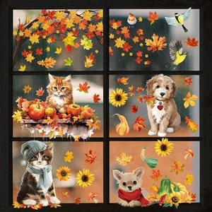 Stickers de fenêtre d'automne avec animaux mignons, feuilles d'érable et citrouilles