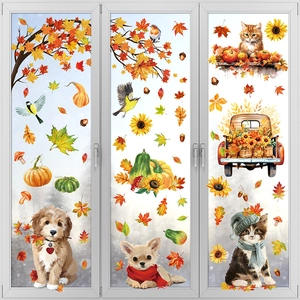 Stickers de fenêtre automne avec animaux mignons, citrouilles, tournesols et érable