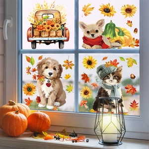 Stickers de fenêtre Thanksgiving automne avec animaux mignons, citrouilles et feuilles