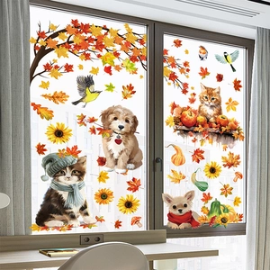 Stickers de fenêtre d'automne avec animaux mignons, tournesols et feuilles d'érable