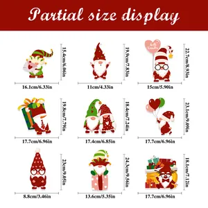 Size chart showing height and width dimensions for nine Christmas gnome window stickers