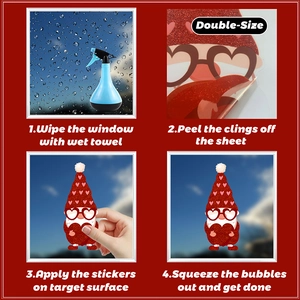 Four-step installation guide for glitter Valentine's Gnome static window stickers