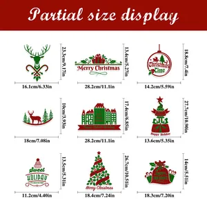 Size chart for 9 Christmas gnome window stickers with glitter finish and dimensions