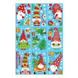 Christmas window stickers featuring cartoon gnomes, trees, and festive holiday elements