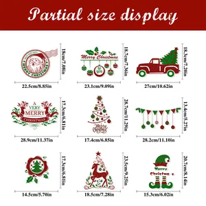 Size chart for Christmas gnome window stickers showing various dimensions of nine designs