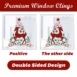Close-up of double sided Christmas window cling with red reindeer and glittery tree vine