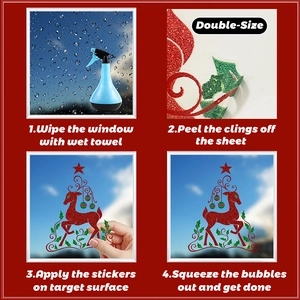 Detail of red glitter Christmas window sticker featuring reindeer and tree design
