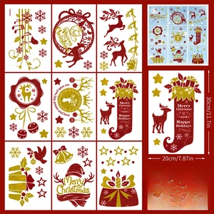 Detailed set of 9 Christmas gnome and reindeer static window decals with gold glitter
