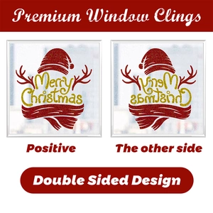 Close-up of double-sided Merry Christmas gnome window stickers with red glitter texture