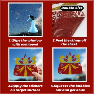 Detail of glitter Christmas gnome window stickers showing double-sided red and gold designs