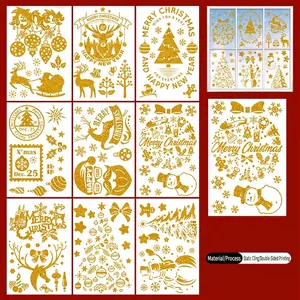 Detail view of 9-sheet Christmas gnome window clings set with glitter reindeer and snowflakes