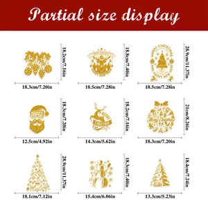 Size chart showing dimensions for 9 glittery gold Christmas window sticker designs