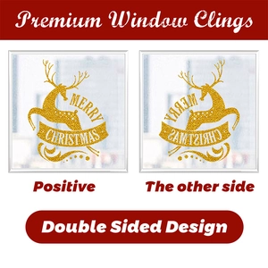Double-sided golden glitter Christmas window clings featuring jumping reindeer and Merry Christmas