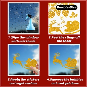 Detailed view of double-sided Christmas gnome static stickers with golden glitter finish