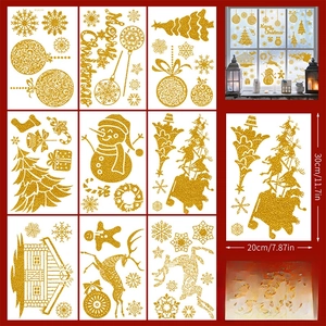 Detailed grid showing 9 sheets of gold glitter Christmas gnome static window stickers