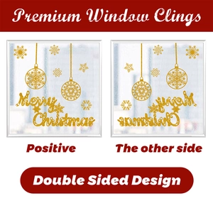 Detailed view of double-sided Christmas window stickers with festive glitter and snowflakes